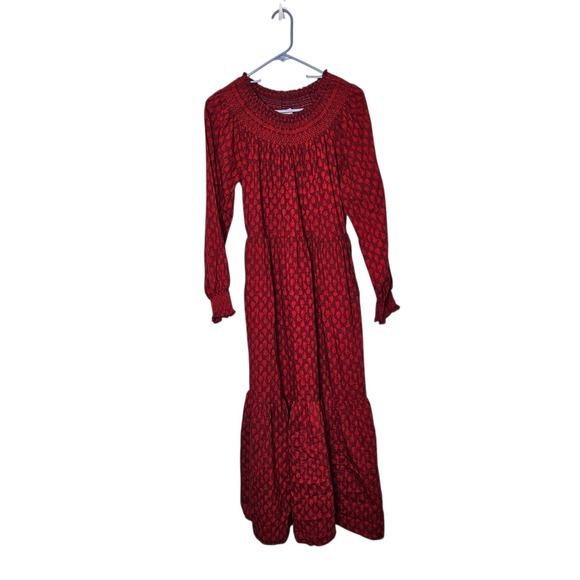Universal Thread Red Print Long Sleeve Smocked Neck Tiered Maxi Dress M Peasant - Picture 1 of 10